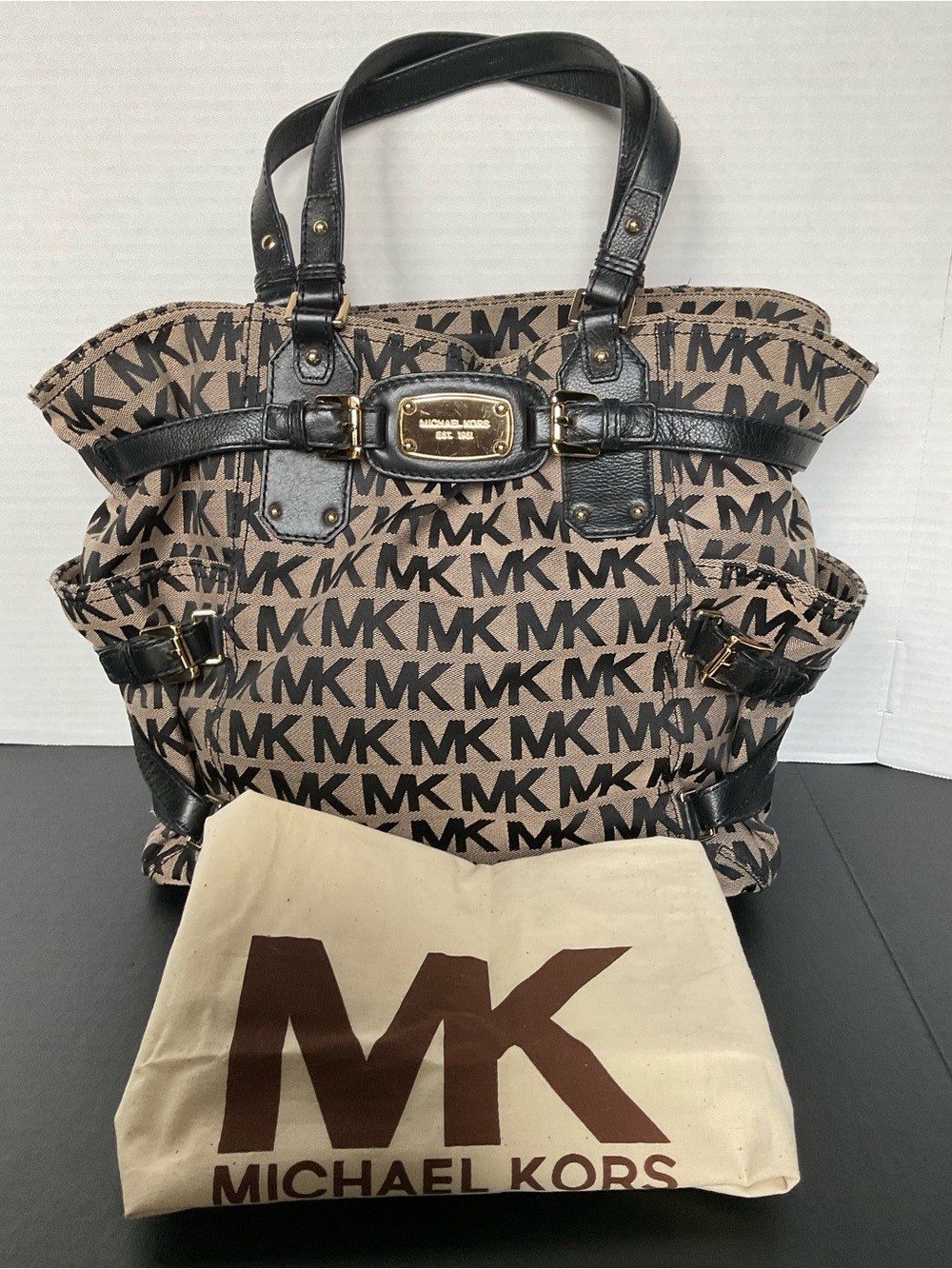 Michael Kors Beige MK Canvas Logo Tote with Black Trim and Gold Hardware